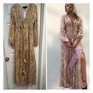 Diamond For Eden Gold Lurex Print‎ Tie neck Split Font Maxi Dress . S/M